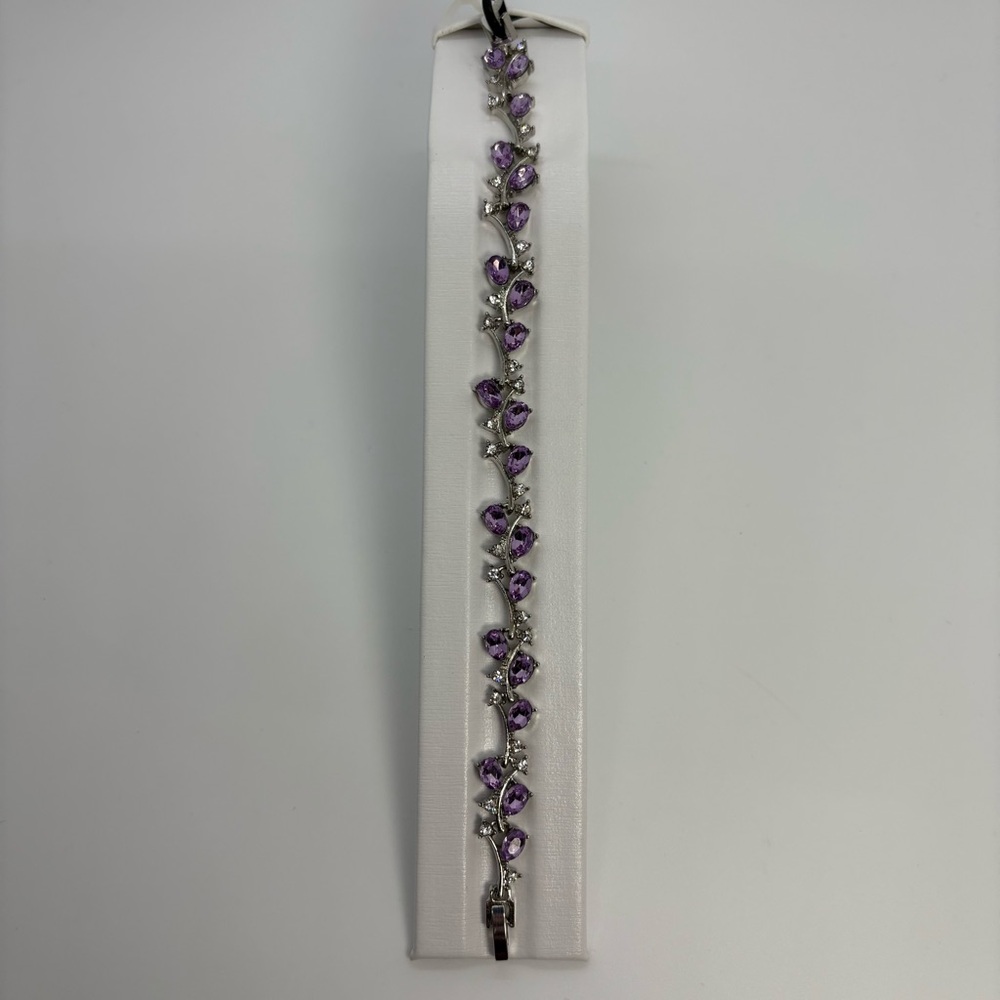 Purple And Clear Cubic Zirconia Vine Silver Tone Bridal Pageant Wedding Bracelet